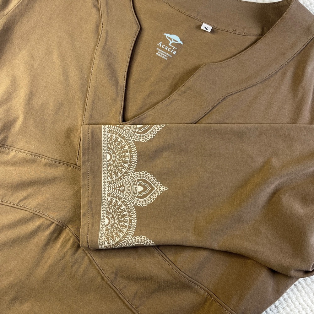 Acacia Willa P Women's Brown V Neckโ 3/4 Sleeve Dress with Embroidered Trim XL